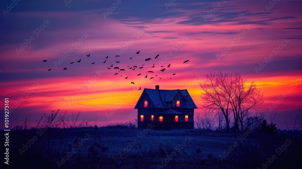 Canvas Prints Vibrant Sunset with Silhouette of Abandoned House