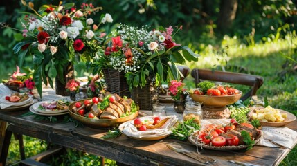 Vibrant Outdoor Picnic Table with Fresh Food and Flowers