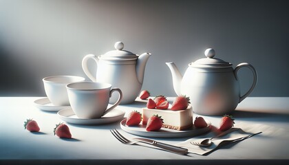 Fototapeta premium Porcelain tea set with cake and strawberries on table evokes luxurious dining. 