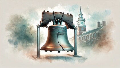 Liberty Bell For Patriot Day, Freedom Bell, Independence Day Illustration. Watercolor US Colors, Stars and Stripes Abstract Bell Design. Generative AI	