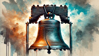 Liberty Bell For Patriot Day, Freedom Bell, Independence Day Illustration. Watercolor US Colors, Stars and Stripes Abstract Bell Design. Generative AI	