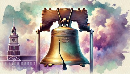 Liberty Bell For Patriot Day, Freedom Bell, Independence Day Illustration. Watercolor US Colors, Stars and Stripes Abstract Bell Design. Generative AI	