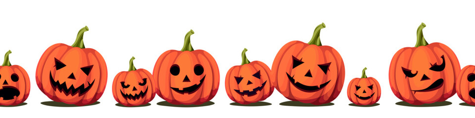 Horizontal seamless border with orange jack-o'-lanterns (Halloween pumpkins) on a white background. Vector illustration