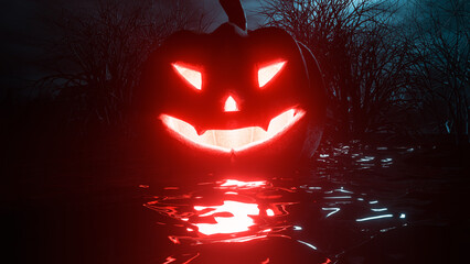 A Scene With A Pumpkin With Bright Red Illumination. Horror Atmosphere Without People. Halloween Creative Style. Modern 3D Illustration