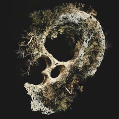 A skull-shaped tree with branches and leaves growing from it.