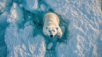 A polar bear stands on a patch of ice in the Arctic, looking directly at the camera.