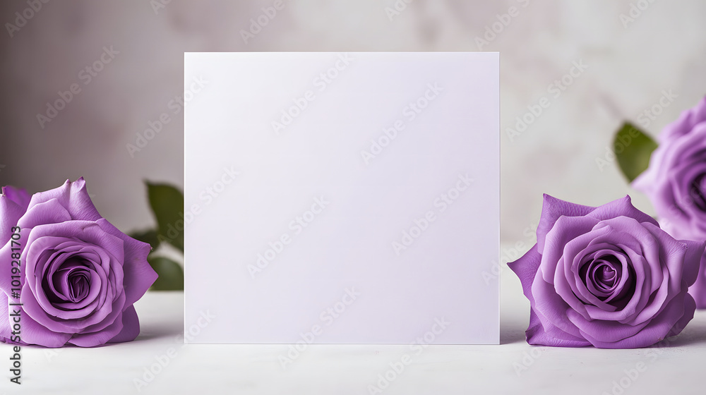 Fototapete a purple rose card with a blank white background design. the card stands on the table, open and fold