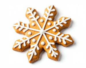 Plätzchen, Kekse,  Lebkuchen in Form von Schneeflocken, dekoriert mit weißem Zuckerguss, weißer Hintergrund. Ideal für Weihnachtsstimmung und winterliche Backideen. Generative KI