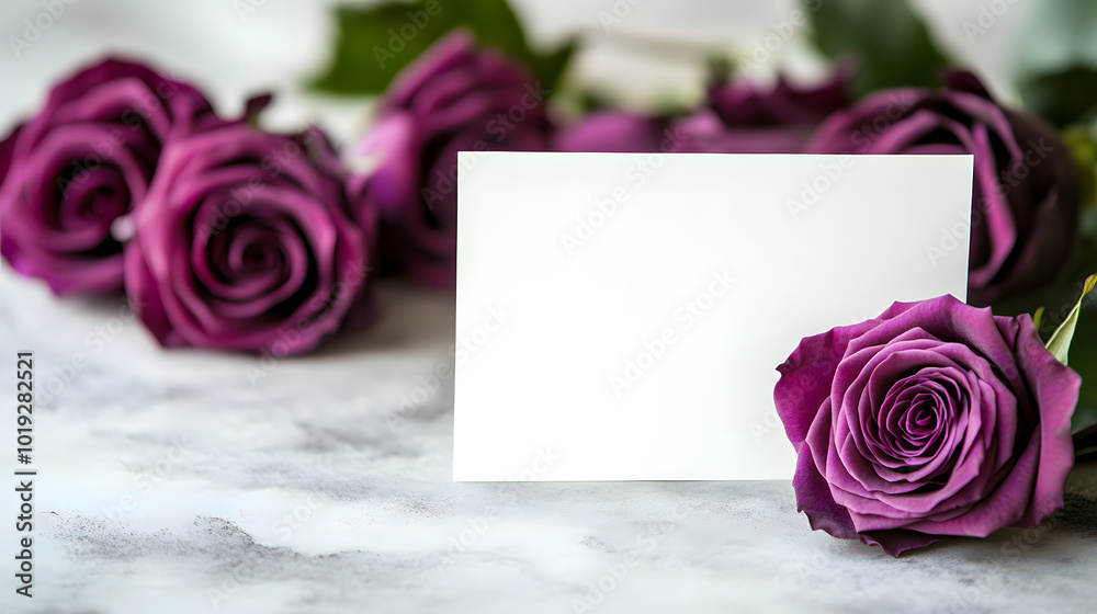Fototapete a purple rose card with a blank white background design. the card stands on the table, open and fold