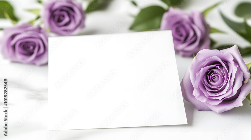 Fototapete a purple rose card with a blank white background design. the card stands on the table, open and fold