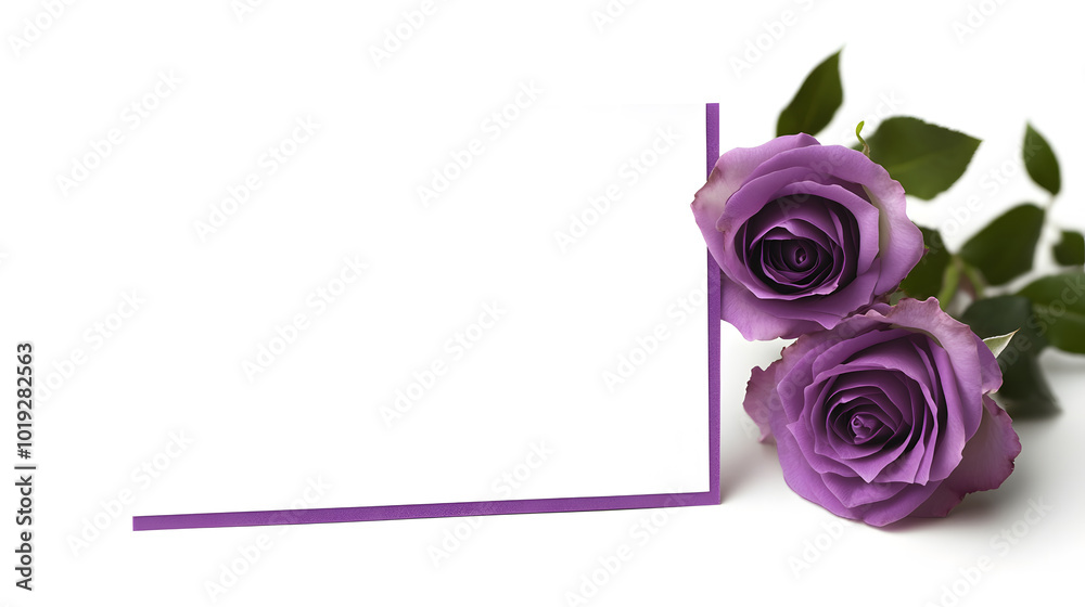 Fototapete a purple rose card with a blank white background design. the card stands on the table, open and fold