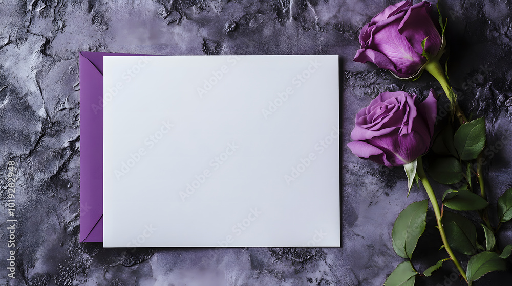 Fototapete a purple rose card with a blank white background design. the card stands on the table, open and fold