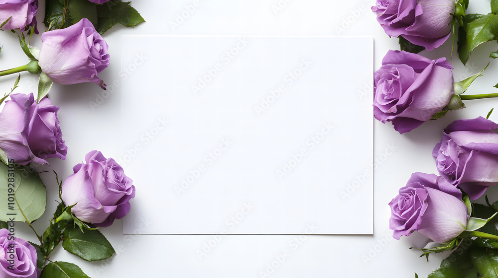 Fototapete a purple rose card with a blank white background design. the card stands on the table, open and fold