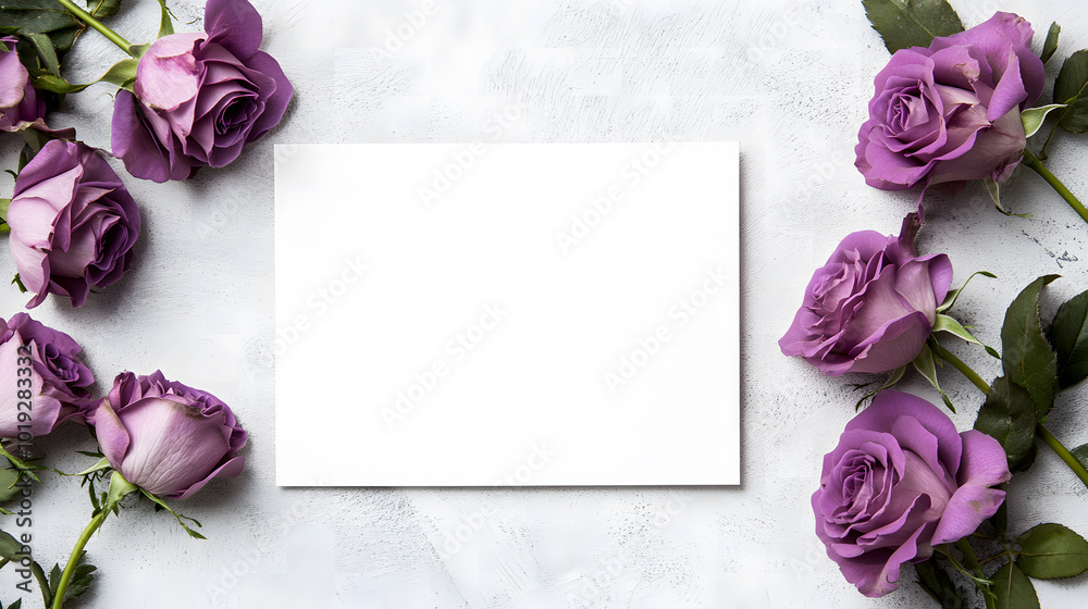 Fototapete a purple rose card with a blank white background design. the card stands on the table, open and fold