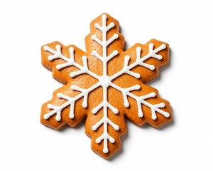 Plätzchen, Kekse,  Lebkuchen in Form von Schneeflocken, dekoriert mit weißem Zuckerguss, weißer Hintergrund. Ideal für Weihnachtsstimmung und winterliche Backideen. Generative KI