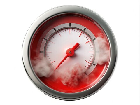 recommend clip art: A stylized red gauge icon bursts with steam, signifying intense pressure, stress, or urgency, isolated on a white background with a subtle gradient effect.