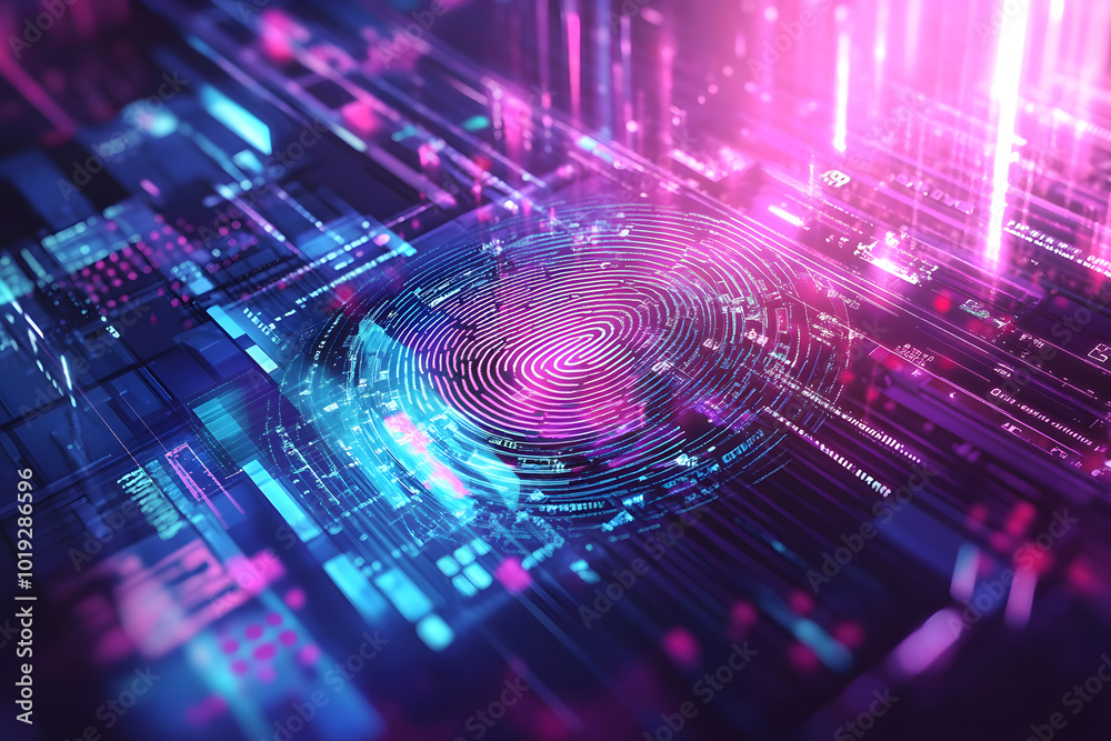 Poster a biometric authentication technology concept design with a digital fingerprint and security data on