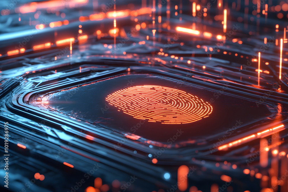 Poster a biometric authentication technology concept design with a digital fingerprint and security data on