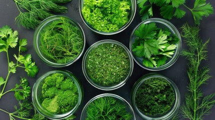 Obraz premium Fresh Herbs and Greens in Jars for Culinary Use