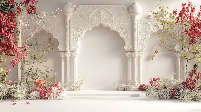 Tranquil Mughal Garden with Traditional Water Fountains and Symmetrical Landscaping
