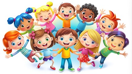 Colorful cartoon kids forming a circle around a bright, shiny shape with bold, playful fonts and icons, symbolizing friendship and youthful energy.