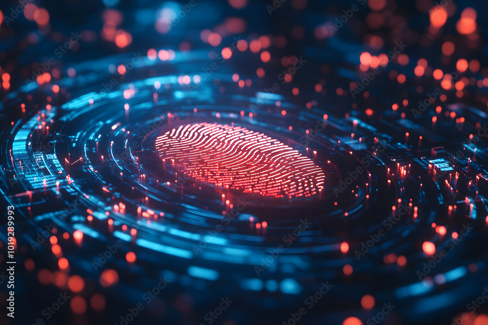 Poster a biometric authentication technology concept design with a digital fingerprint and security data on