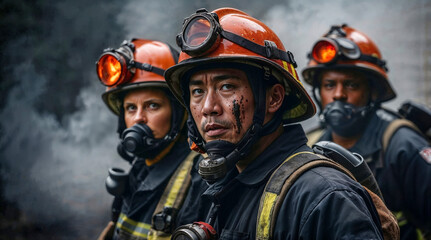 Fototapeta premium Diverse team of three firefighters with helmets and respirators standing with smoke behind. Asian man, Caucasian woman and Afro American man, first responders in protective gear looking at camera