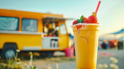 Refreshing and fruity strawberry smoothie served in a glass with a straw set against the backdrop of a vintage yellow camper van parked in a scenic outdoor setting