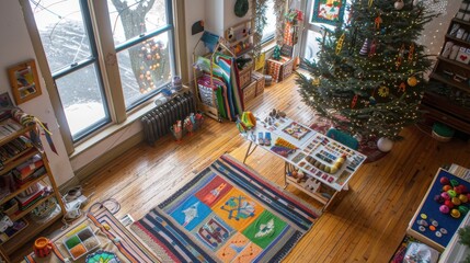 Naklejka premium Cozy Craft Room with Christmas Tree and Colorful Decor