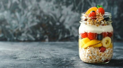 Vibrant and Nutritious Layered Breakfast Jar featuring Creamy Overnight Oats Fresh Assorted Fruits Crunchy Nuts and Protein Rich Yogurt   A Delicious and Balanced Start to the Day