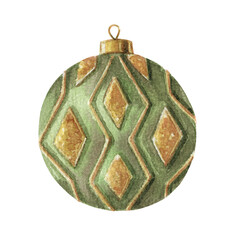 Green and gold glass ball. Hand drawn watercolor winter illustration of Christmas tree ornament with rhombus. Seasonal isolated drawing for traditional Xmas graphic and greeting card designs.