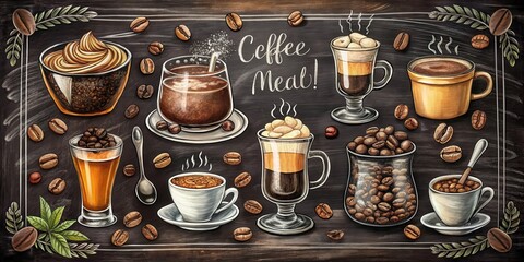 A chalkboard menu with coffee drinks illustrated in colorful detail, including a cup of coffee with a spoon, a tall glass with whipped cream and coffee, a glass with coffee beans in it, and more © Theerawat