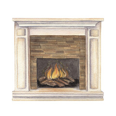 Beige fireplace with fire undecorated. Hand drawn watercolor winter illustration of interior furnishing. Isolated drawing for living room graphic and tradition greeting card designs.