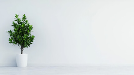 A small potted plant sits in a corner of a minimalist white room.