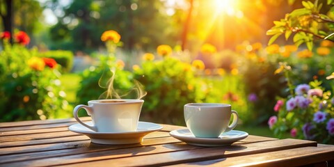 Fototapeta premium Two steaming cups of coffee on a wooden table in a garden setting with a blurred background of flowers and sunbeams