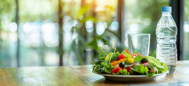 Healthy salad bowl filled with fresh vibrant vegetables and a bottle of water placed on a wooden desk in a natural outdoor setting  This image represents a balanced nutritious