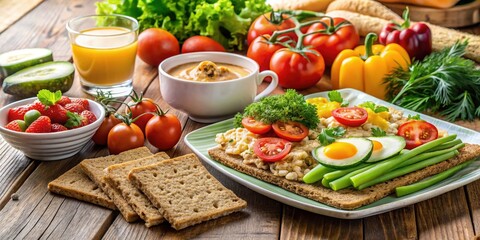 A Healthy and Colorful Breakfast with Toasted Bread, Fresh Vegetables, and a Sunny Side Up Egg