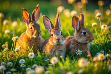 Fototapeta premium Playful Rabbits in a Lush Green Meadow Enjoying a Sunny Day with Flowers and Grass Around Them