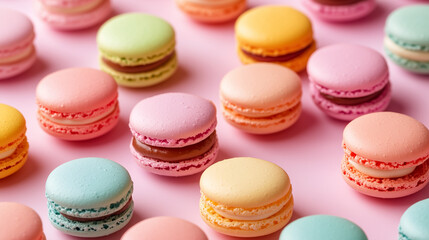 Obraz premium Assorted French Macarons In Multiple Colors Against Pink Background Dessert Photography