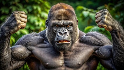 Fototapeta premium Powerful Bodybuilding Gorilla Flexing Muscles in a Captivating Display of Strength and Dominance