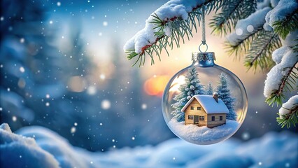 Aerial view of Christmas ornament with house hanging on snow covered tree