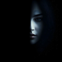 A mysterious half-lit face emerging from darkness, capturing a sense of intrigue and emotion.