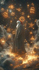Magical Christmas Santa Claus Amidst Glowing Stars and Clouds: Enchanting Festive Atmosphere Captured in Stunning Artistic Imagery