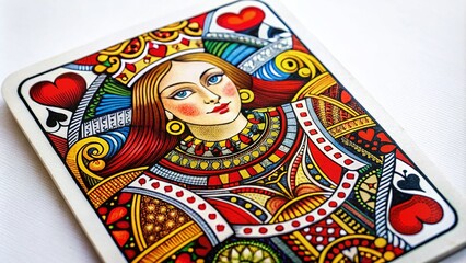 Queen of Hearts Playing Card Design with Colorful Details and Classic Artwork on a White Background