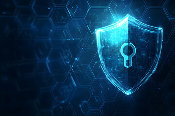 A blue hexagonal background with an abstract shield and keyhole symbol made of glowing digital code design, representing data security in the modern world design