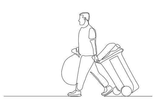 Continuous single line sketch drawing of man holding pushing rubbish bin garbage plastic box container trash can one line vector illustration
