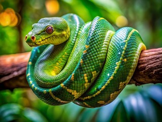 Ramsay's Python Coiled on Branch with Lush Green Background in Tropical Rainforest Habitat