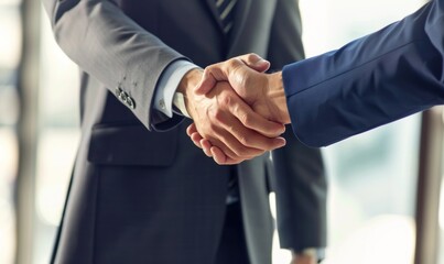 Business handshake between two people in formal suits. Agreement and partnership concept for business and corporate themes.
