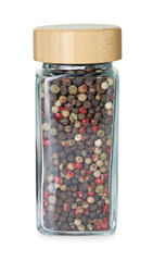 Peppercorns in glass jar isolated on white