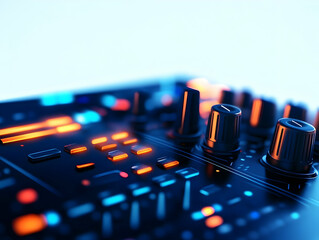 Close-up of a DJ mixer, showcasing vibrant buttons and knobs, ideal for music production and nightlife themes.